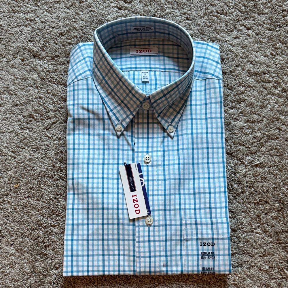 Izod Mens Regular Fit Long Sleeve Button Down White & Blue New With Tags